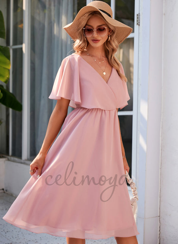 V-Neck Elegant A-line Chiffon Midi Dresses - 272831