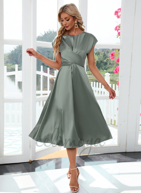Scoop Elegant A-line Satin Midi Dresses - 288847