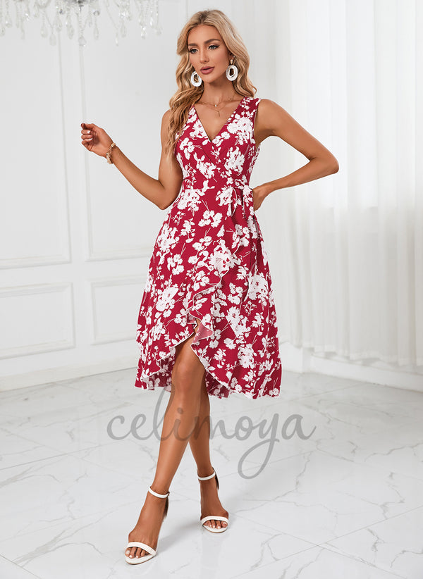 Cascading Ruffles Floral Print V-Neck Elegant A-line Polyester Asymmetrical Dresses - 293079