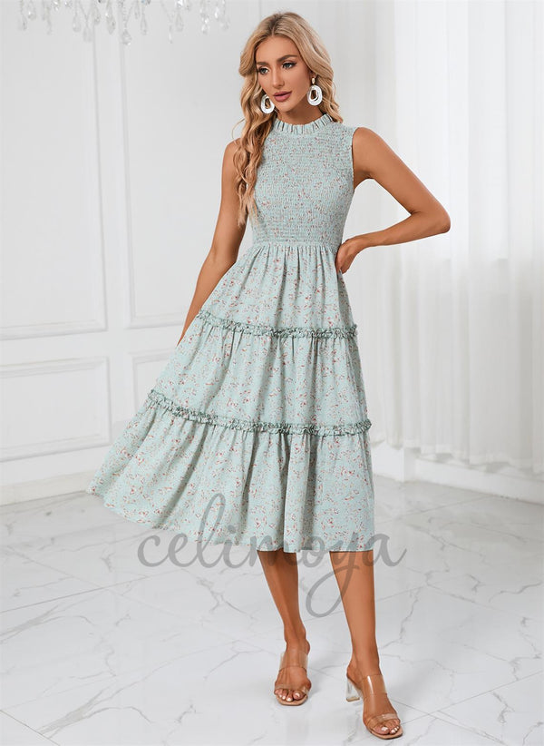 Ruffle Floral Print High Neck Vacation A-line Polyester Midi Dresses -  293080