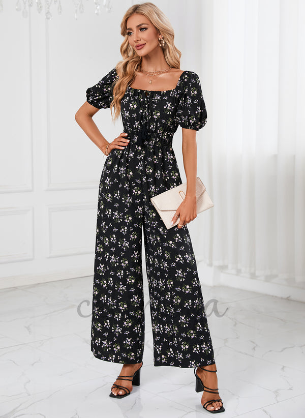 Button Flower Floral Print Fringe Trim Square Vacation Jumpsuit/Pantsuit Polyester Ankle-Length Dresses -  293083