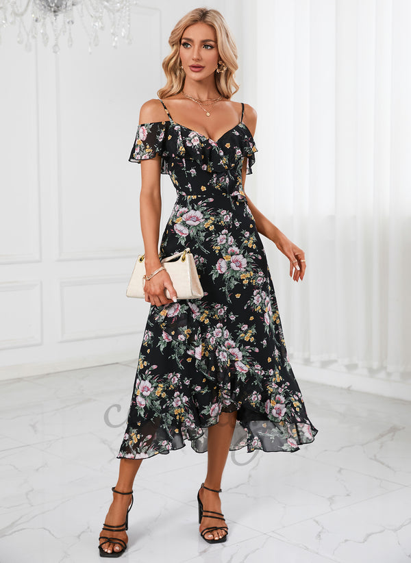 Floral Print Cold Shoulder Elegant A-line Chiffon Asymmetrical Dresses - 293382
