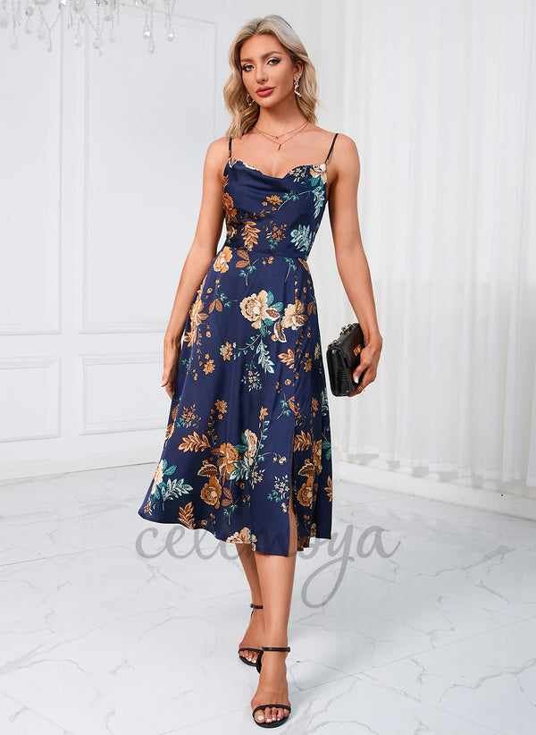 Floral Print Cowl Elegant A-line Satin Dresses - 296602