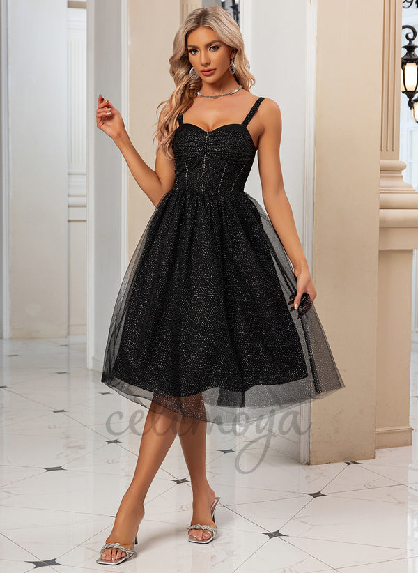Sequins Sweetheart Elegant A-line Tulle Midi Dresses - 297040