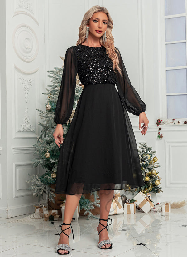 Sequins Scoop Elegant A-line Chiffon Midi Dresses - 297055
