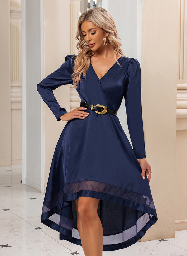V-Neck Elegant A-line Satin Midi Dresses - 297056