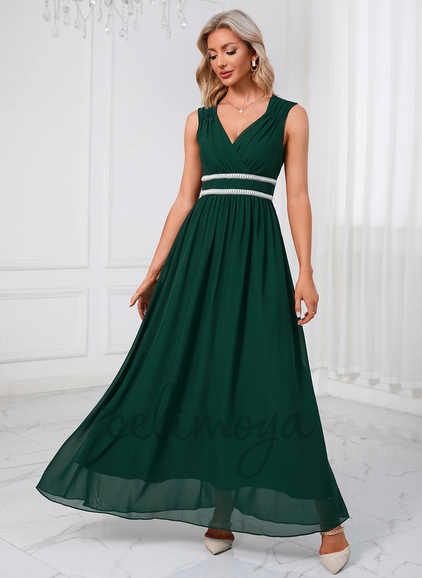 Beading Ruffle V-Neck Elegant A-line Chiffon Maxi Dresses - 297061