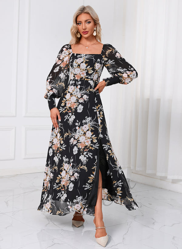 Floral Print Off the Shoulder Elegant A-line Chiffon Maxi Dresses - 298085