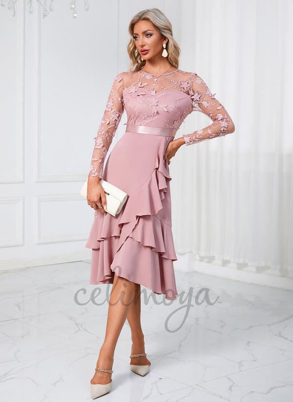 Flower Cascading Ruffles Illusion Elegant A-line Jacquard Asymmetrical Dresses - 298668