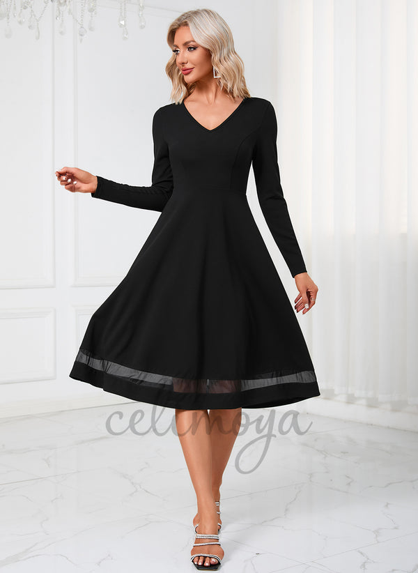V-Neck Elegant A-line Polyester Midi Dresses - 298674