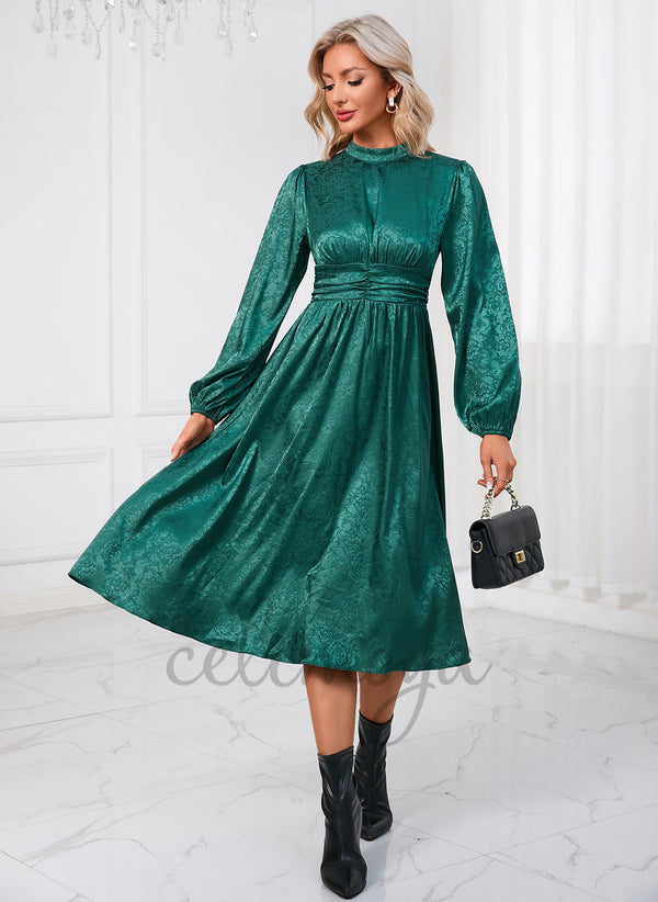 Ruffle Jacquard High Neck Elegant A-line Satin Midi Dresses - 298679