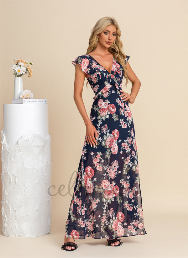 Flower Ruffle Floral Print V-Neck Vacation A-line Chiffon Maxi Dresses - 300952
