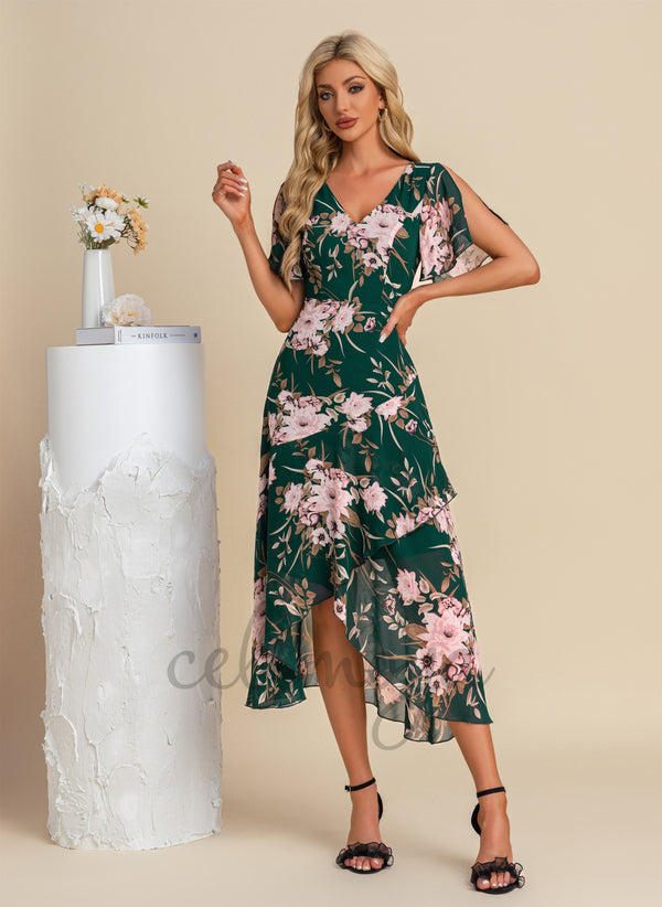 Ruffle Floral Print V-Neck Vacation A-line Chiffon Asymmetrical Midi Dresses - 300962
