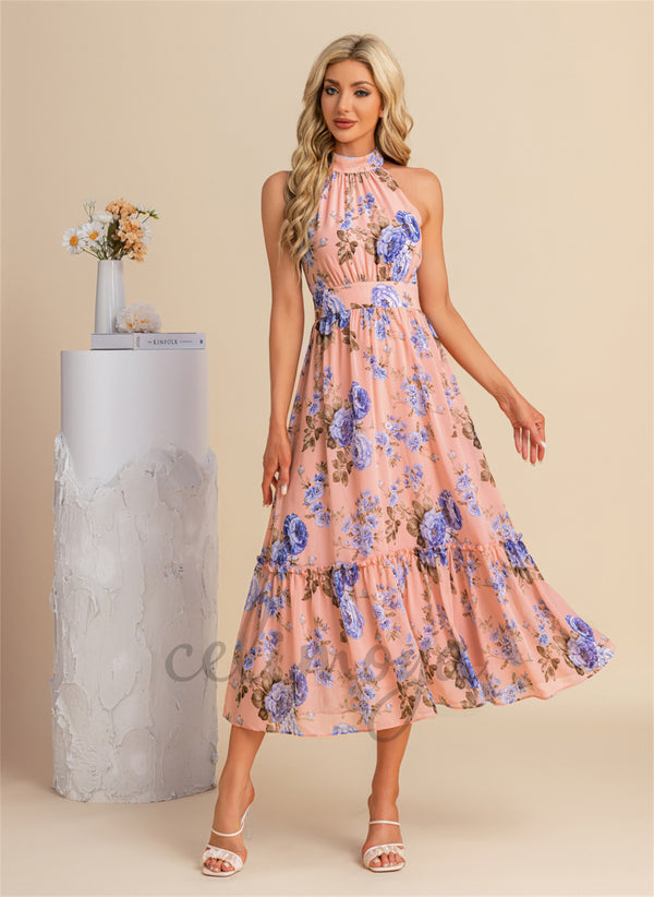 Ruffle Floral Print Halter Vacation A-line Chiffon Midi Dresses - 301469
