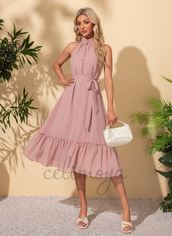 Ruffle Halter Elegant A-line Chiffon Midi Dresses - 301565