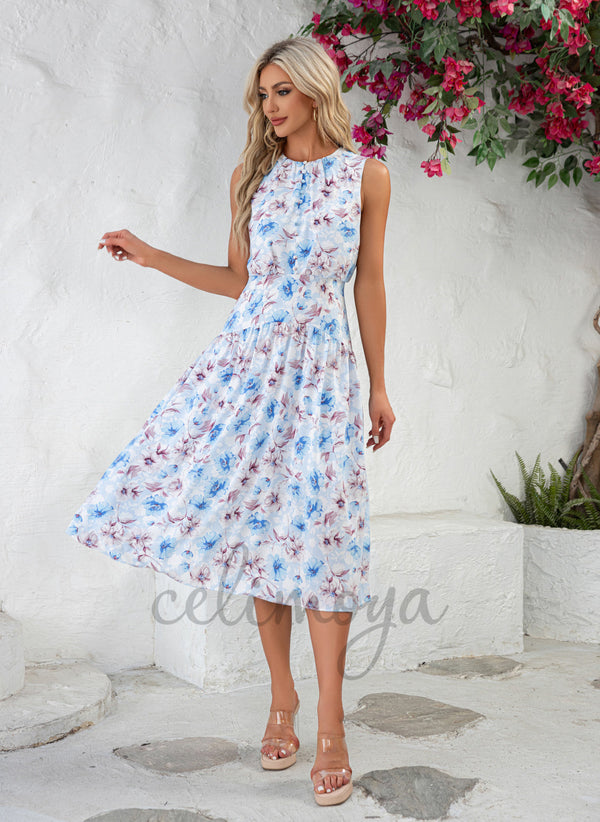 Floral Print Scoop Vacation A-line Polyester Midi Dresses - 302014