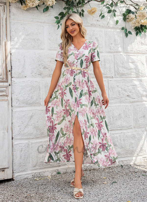 Floral Print V-Neck Vacation A-line Rayon Maxi Dresses - 302016