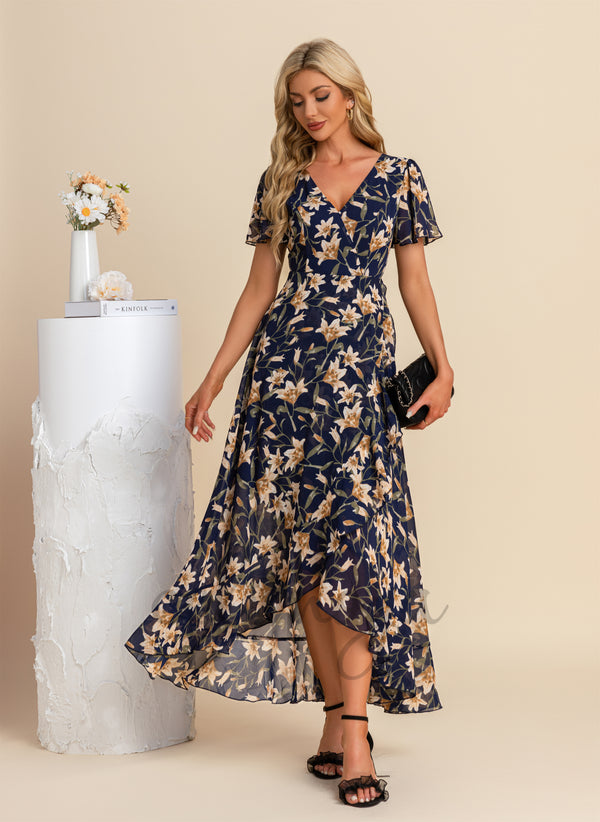 Ruffle Floral Print V-Neck Vacation A-line Chiffon Asymmetrical Maxi Dresses - 302017