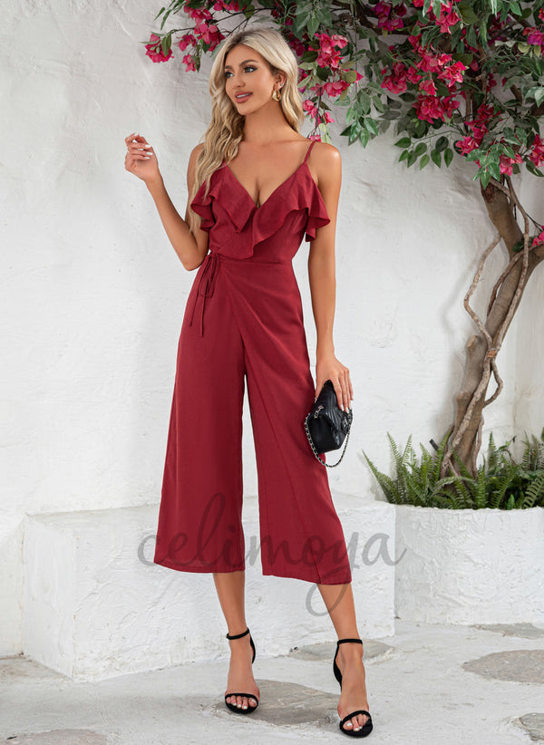 Ruffle V-Neck Vacation Jumpsuit/Pantsuit Polyester Midi Dresses - 302021