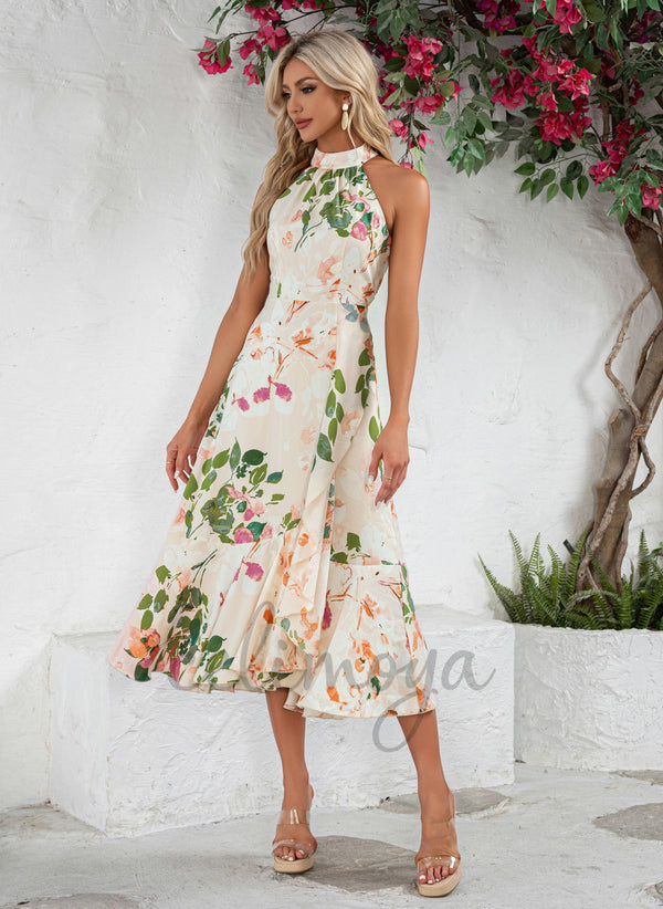 Ruffle Floral Print Halter High Neck Vacation A-line Satin Asymmetrical Midi Dresses - 302024