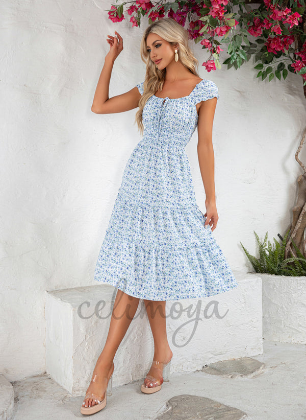 Ruffle Floral Print Square Vacation A-line Polyester Midi Dresses - 302114