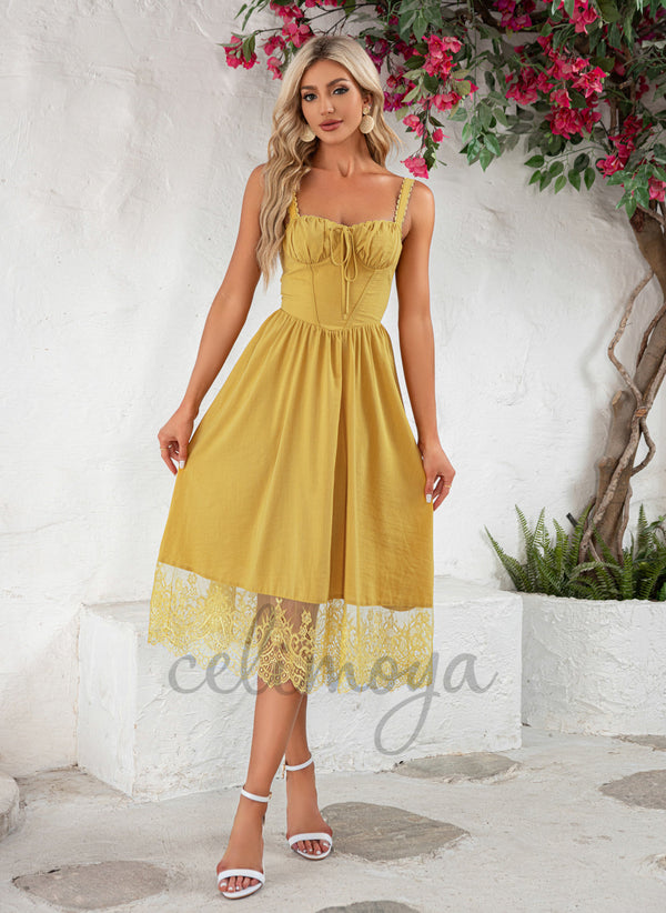 Bow Sweetheart Vacation A-line Lace Polyester Midi Dresses - 302115