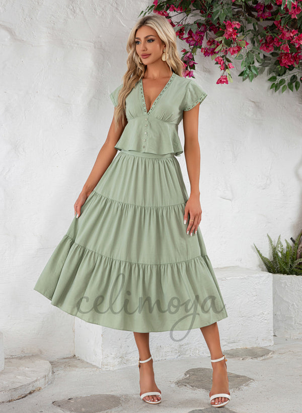 Ruffle V-Neck Vacation A-line Separates Polyester Midi Dresses - 302128