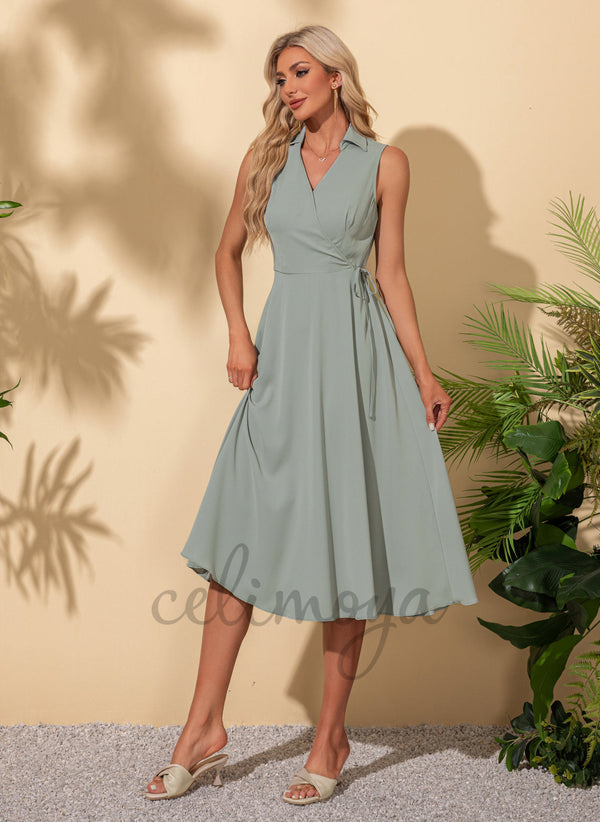 V-Neck Elegant A-line Polyester Midi Dresses - 302281