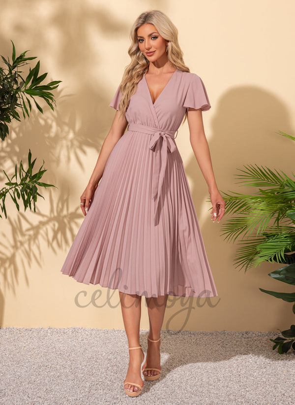 V-Neck Elegant A-line Polyester Midi Dresses - 302289