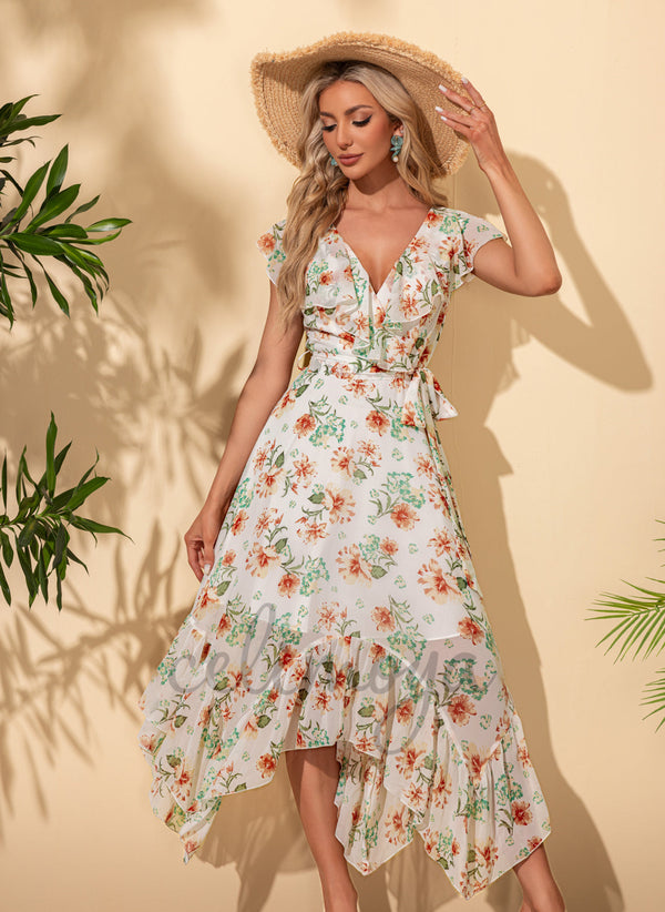 Ruffle Floral Print V-Neck Vacation A-line Chiffon Asymmetrical Maxi Dresses - 302294