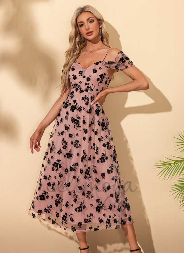 Sweetheart Elegant A-line Jacquard Lace Tulle Midi Dresses - 302473
