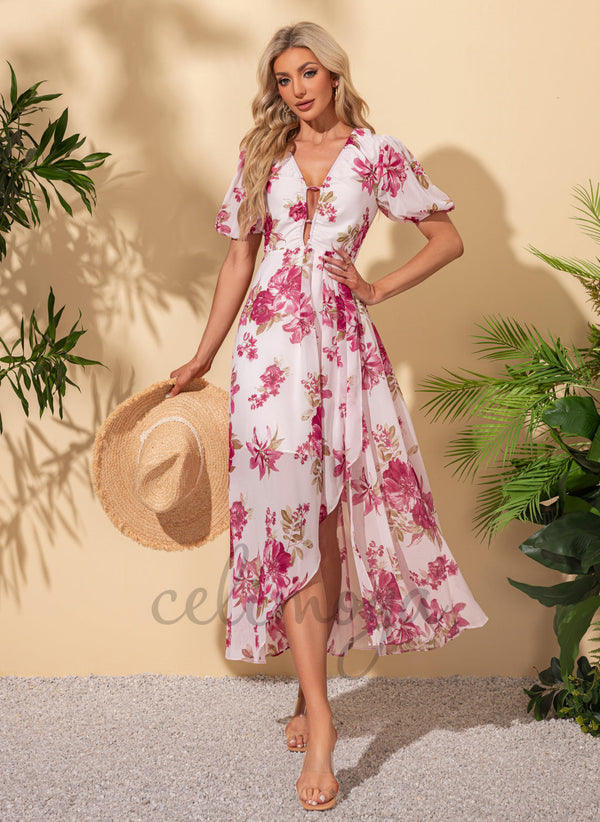 Floral Print V-Neck Vacation A-line Chiffon Asymmetrical Maxi Dresses - 302479