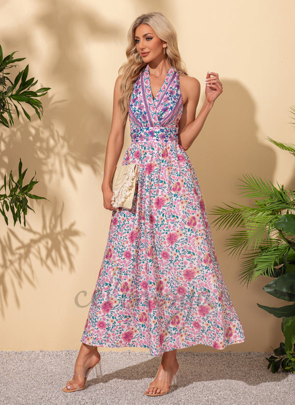 Floral Print Halter Vacation A-line Polyester Maxi Dresses - 302534