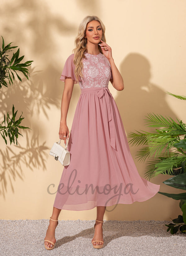 Scoop Elegant A-line Chiffon Jacquard Midi Dresses - 302540