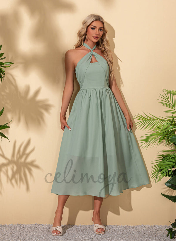 Halter Elegant A-line Polyester Midi Dresses - 302616