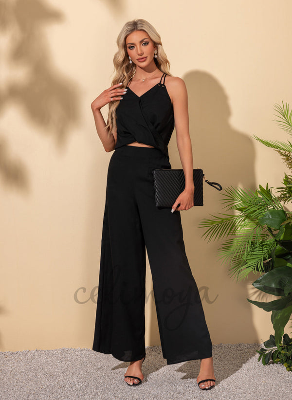 V-Neck Elegant Jumpsuit/Pantsuit Polyester Maxi Dresses - 302620