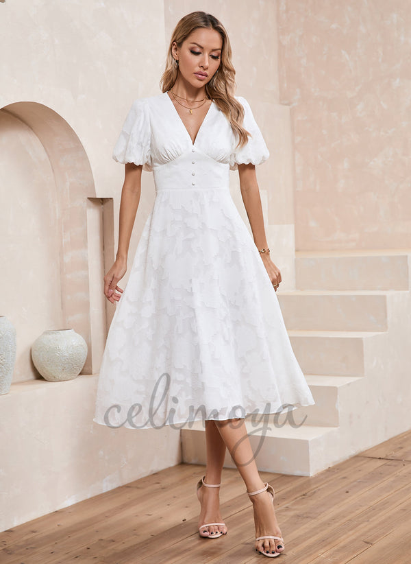 V-Neck Elegant A-line Chiffon Midi Dresses - 303148