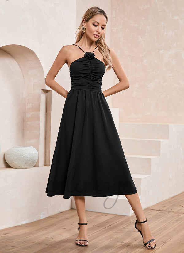 Halter Elegant A-line Polyester Midi Dresses - 303165