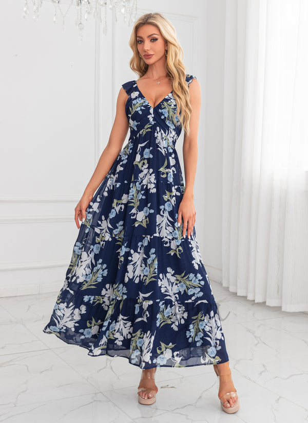 V-Neck A-line Chiffon Maxi Dresses - 303396