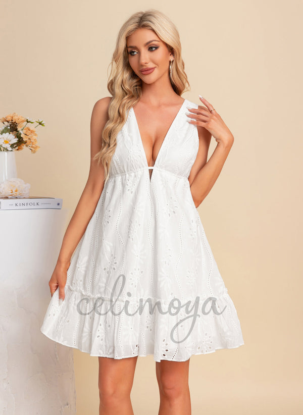 V-Neck A-line Cotton Mini Dresses - 303717