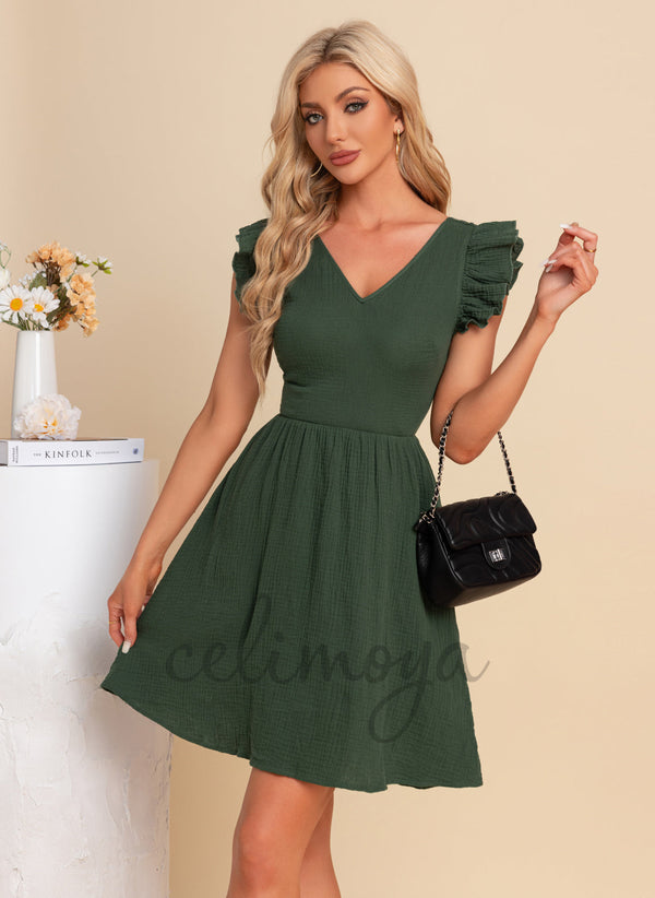 V-Neck A-line Cotton Blends Mini Dresses - 303718