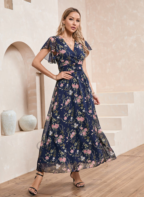 Floral Print V-Neck Elegant A-line Chiffon Maxi Dresses - 303989