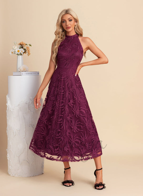 Halter A-line Lace Midi Dresses - 304052
