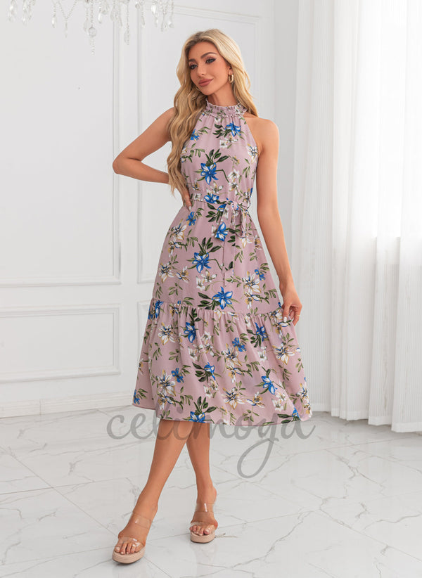 Floral Print High Neck A-line Polyester Midi Dresses 304758