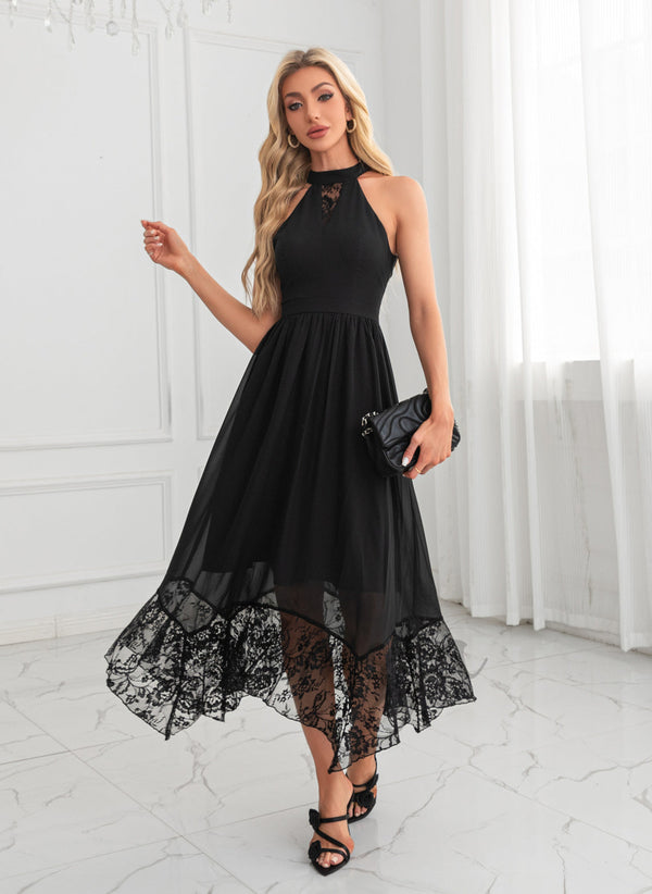 Halter A-line Chiffon Lace Midi Dresses 304762