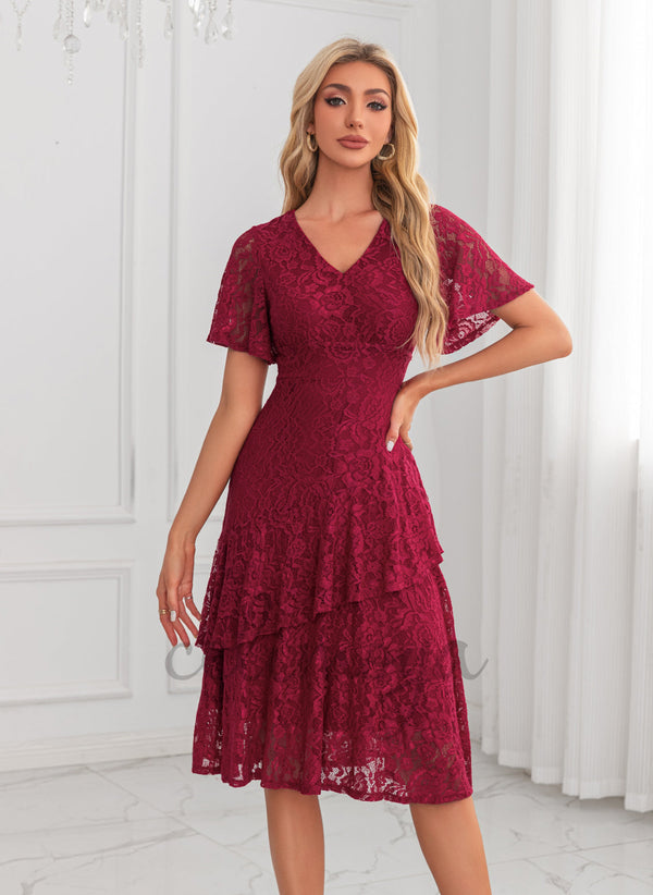 Ruffle V-Neck A-line Lace Midi Dresses - 304763