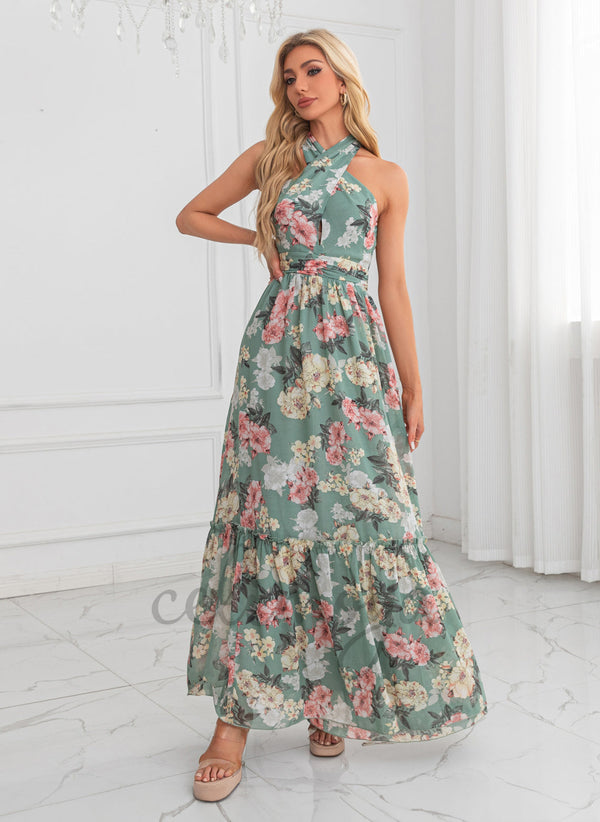 Floral Print Halter A-line Chiffon Maxi Dresses 304765