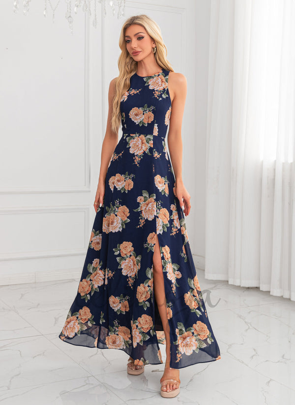 Floral Print Scoop A-line Chiffon Maxi Dresses 304766