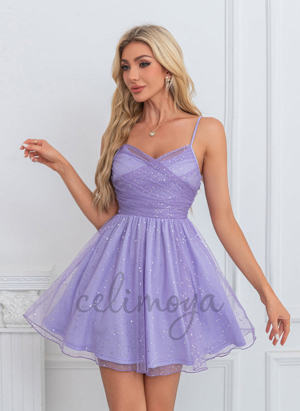 Sequins Scoop A-line Tulle Mini Dresses - 304777