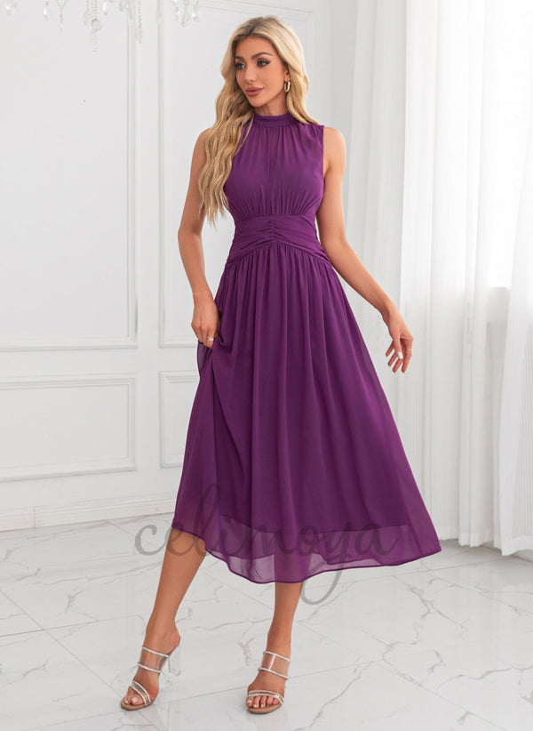 High Neck A-line Chiffon Midi Dresses 305417